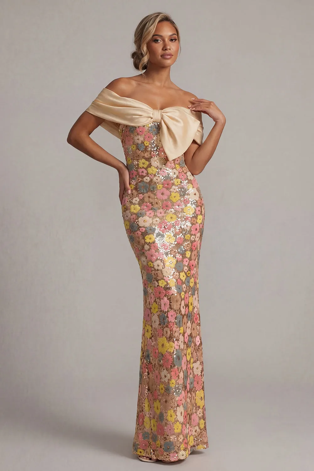 Off the Shoulder Floral Mermaid Sparkly Yellow Long Mother of the Bride Dress with Bow sold by Zapaka product image thumbnail 3