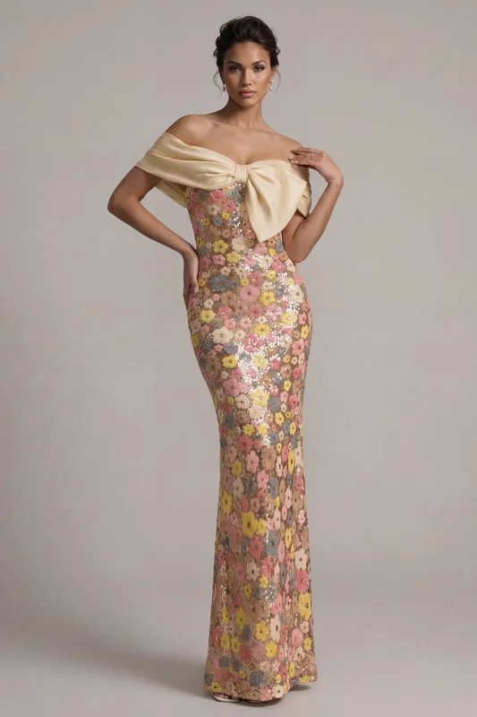 Off the Shoulder Floral Mermaid Sparkly Yellow Long Mother of the Bride Dress with Bow made by Zapaka