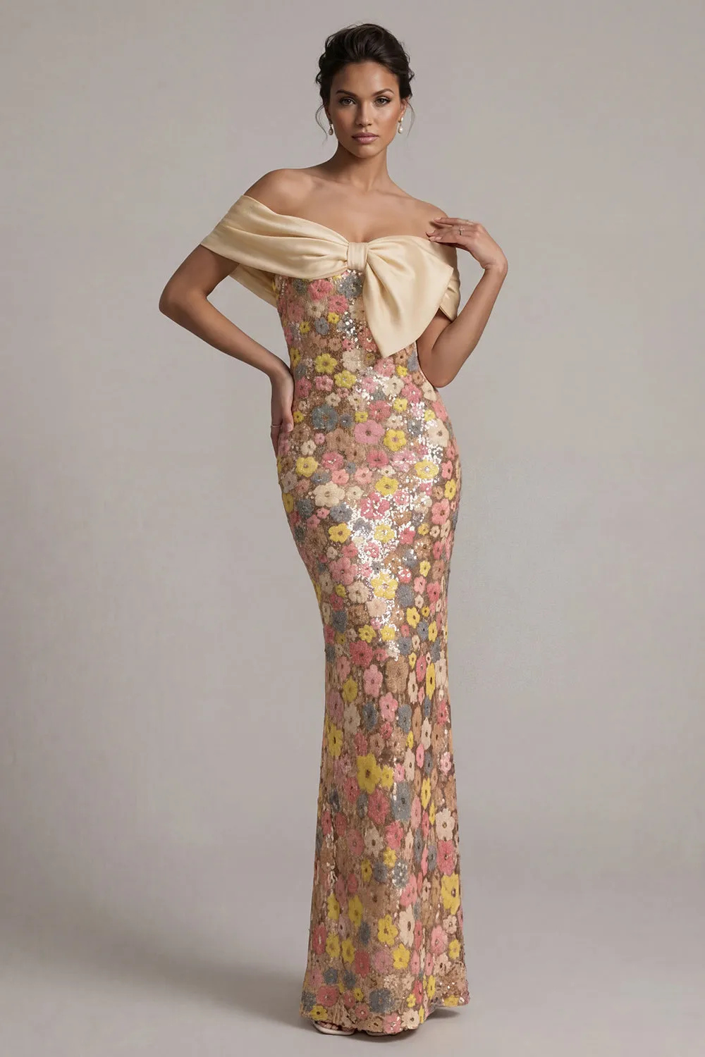 Off the Shoulder Floral Mermaid Sparkly Yellow Long Mother of the Bride Dress with Bow sold by Zapaka