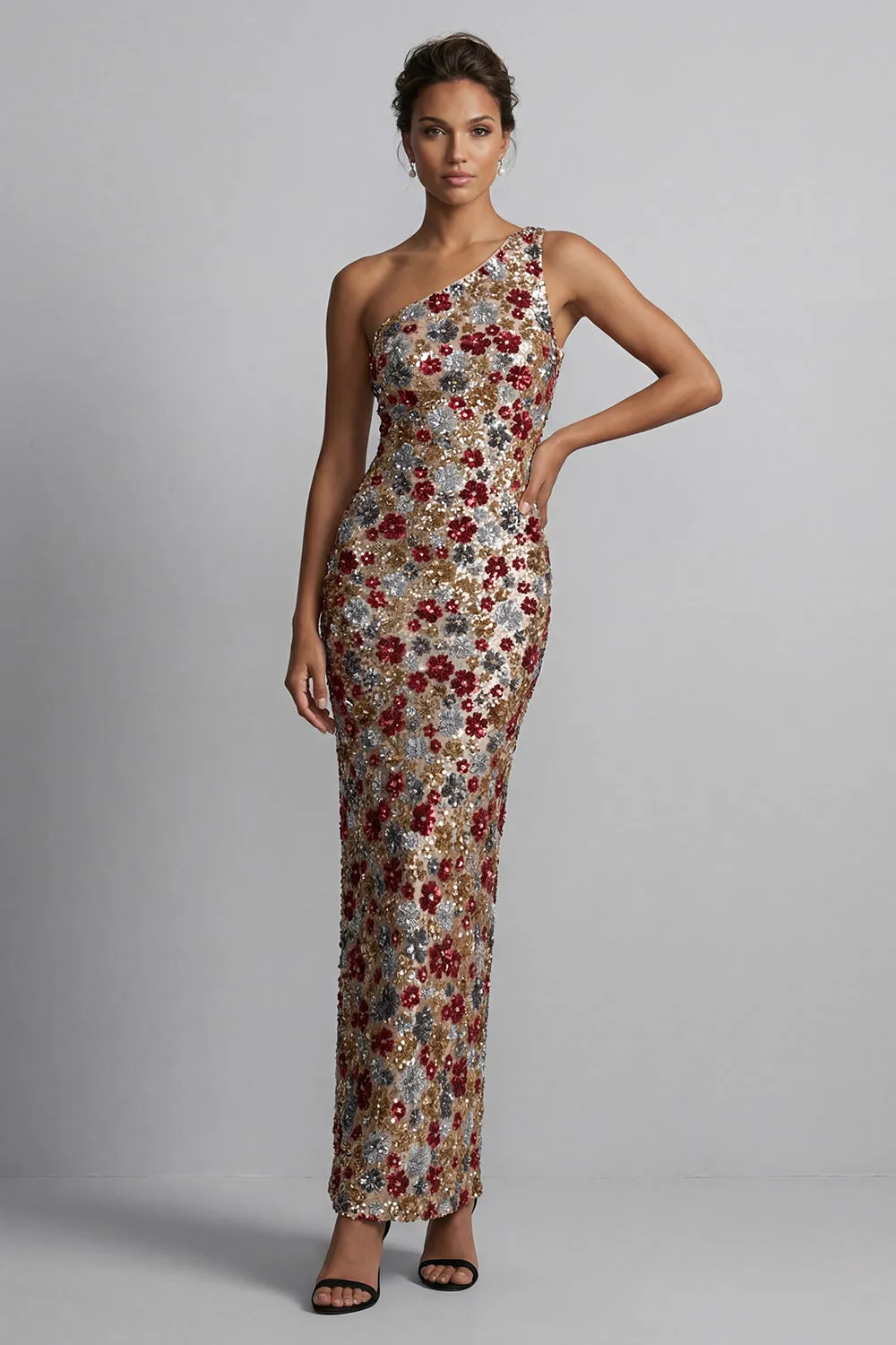 Sparkly Red One Shoulder Floral Mermaid Sequin Long Mother of the Bride Dress sold by Zapaka