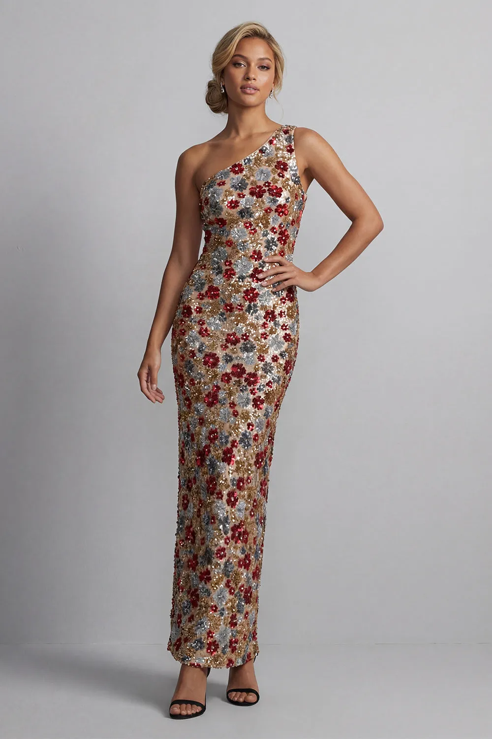 Sparkly Red One Shoulder Floral Mermaid Sequin Long Mother of the Bride Dress sold by Zapaka product image thumbnail 3