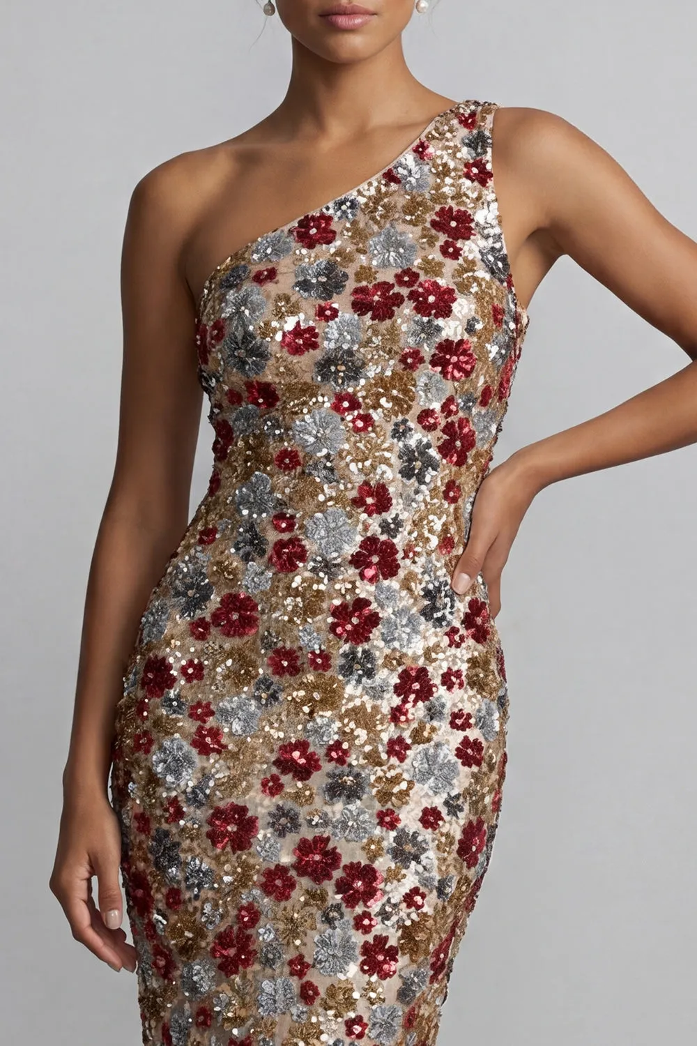 Sparkly Red One Shoulder Floral Mermaid Sequin Long Mother of the Bride Dress sold by Zapaka product image thumbnail 4