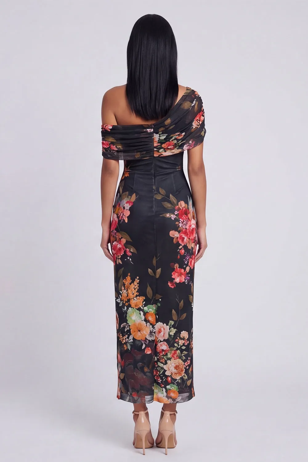 Black Tulle One Shoulder Bodycon Printed Floral Maxi Dress sold by Zapaka product image thumbnail 4