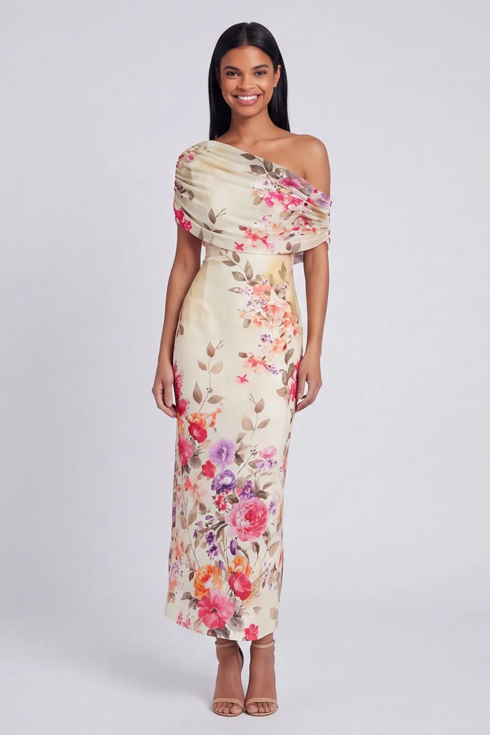 Black Tulle One Shoulder Bodycon Printed Floral Maxi Dress sold by Zapaka product image thumbnail 2