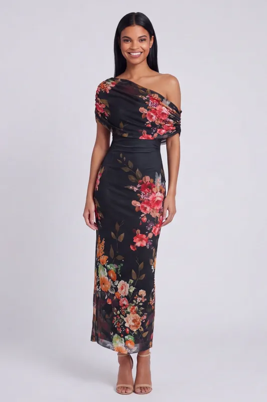 Black Tulle One Shoulder Bodycon Printed Floral Maxi Dress made by Zapaka