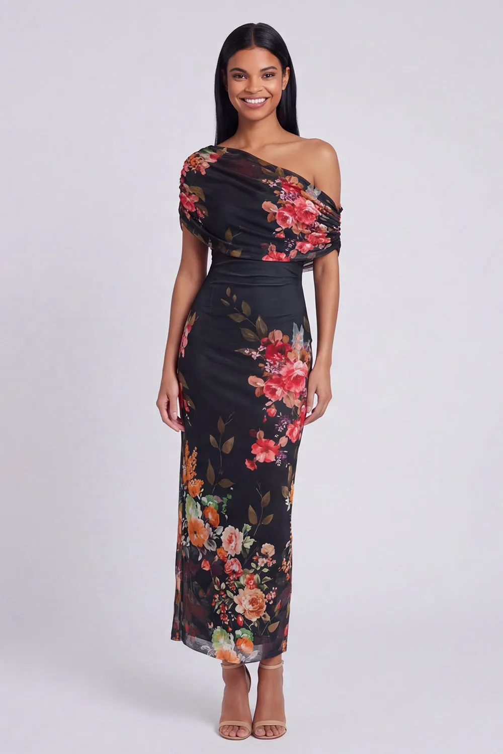 Black Tulle One Shoulder Bodycon Printed Floral Maxi Dress sold by Zapaka