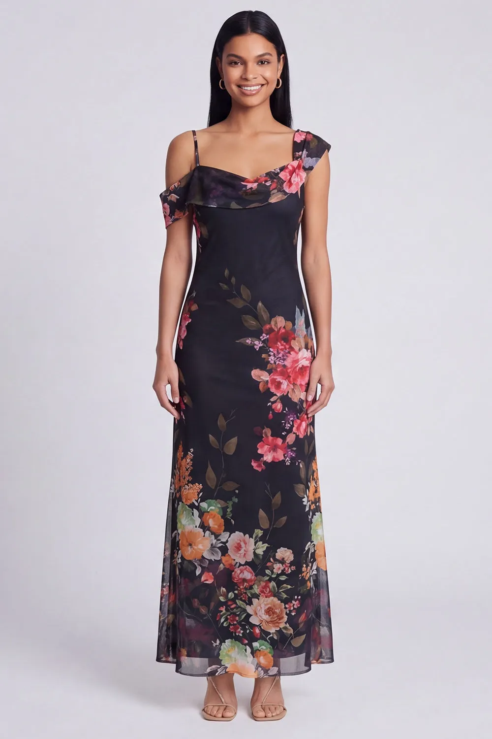 Black Tulle Asymmetrical Sheath Printed Maxi Floral Dress sold by Zapaka