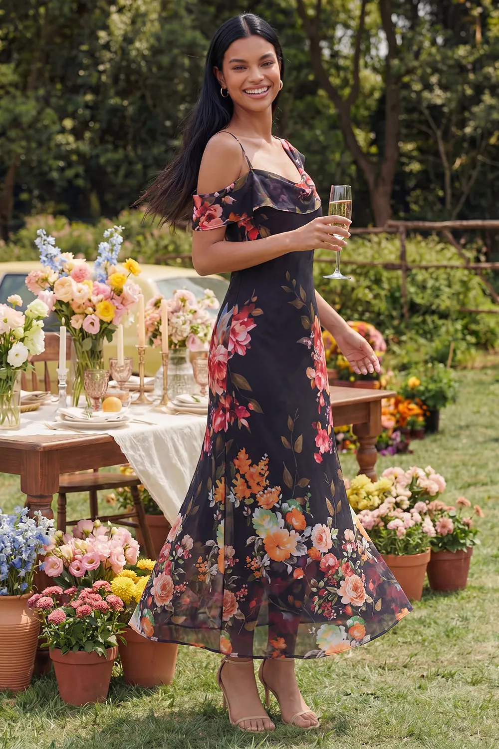 Black Tulle Asymmetrical Sheath Printed Maxi Floral Dress sold by Zapaka product image thumbnail 5
