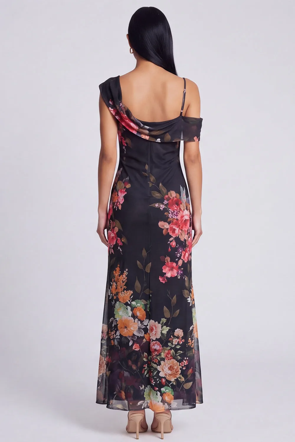 Black Tulle Asymmetrical Sheath Printed Maxi Floral Dress sold by Zapaka product image thumbnail 2