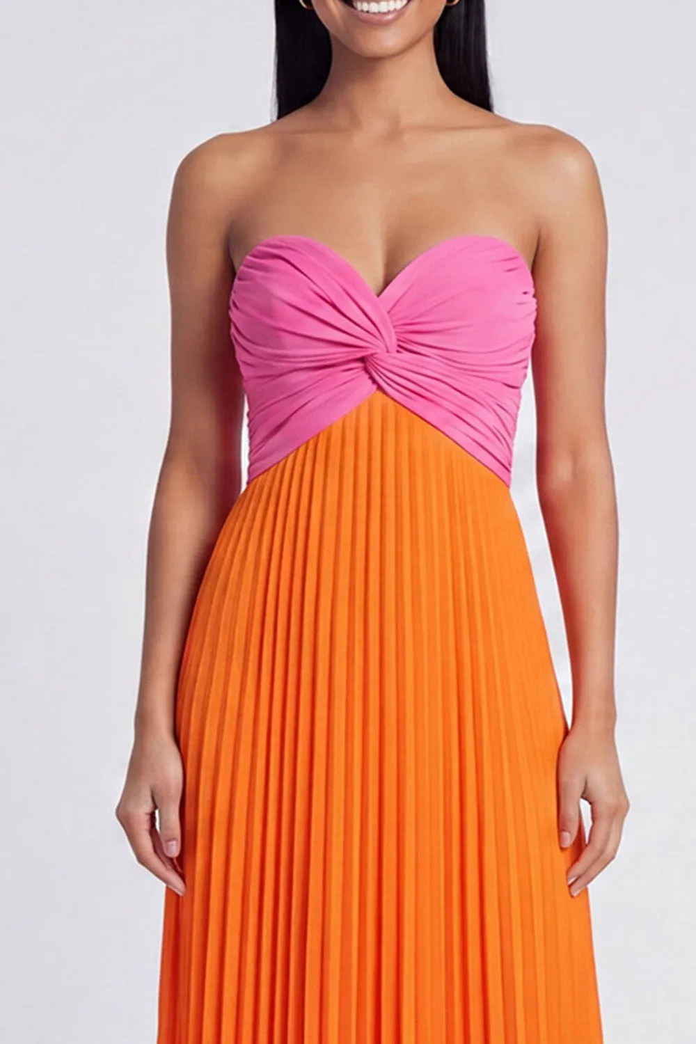 A-Line Pink and Orange Sweetheart Pleated Maxi Dress with Bow sold by Zapaka product image thumbnail 3