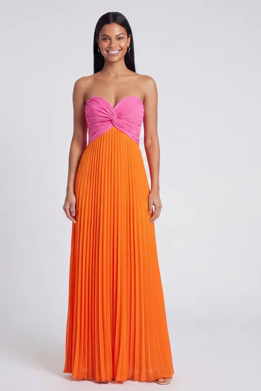 A-Line Pink and Orange Sweetheart Pleated Maxi Dress with Bow made by Zapaka