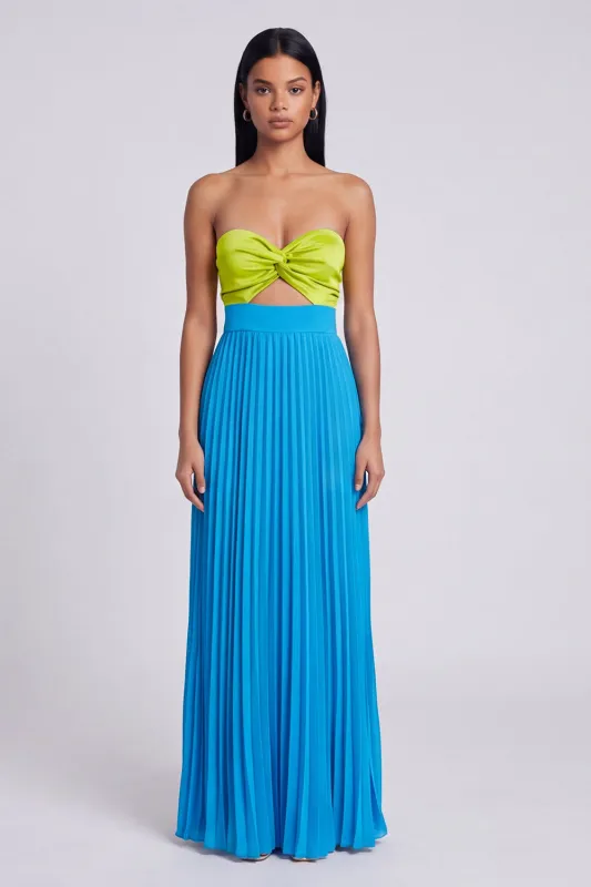 Sweetheart A-Line Green and Blue Pleated Maxi Dress with Bow made by Zapaka
