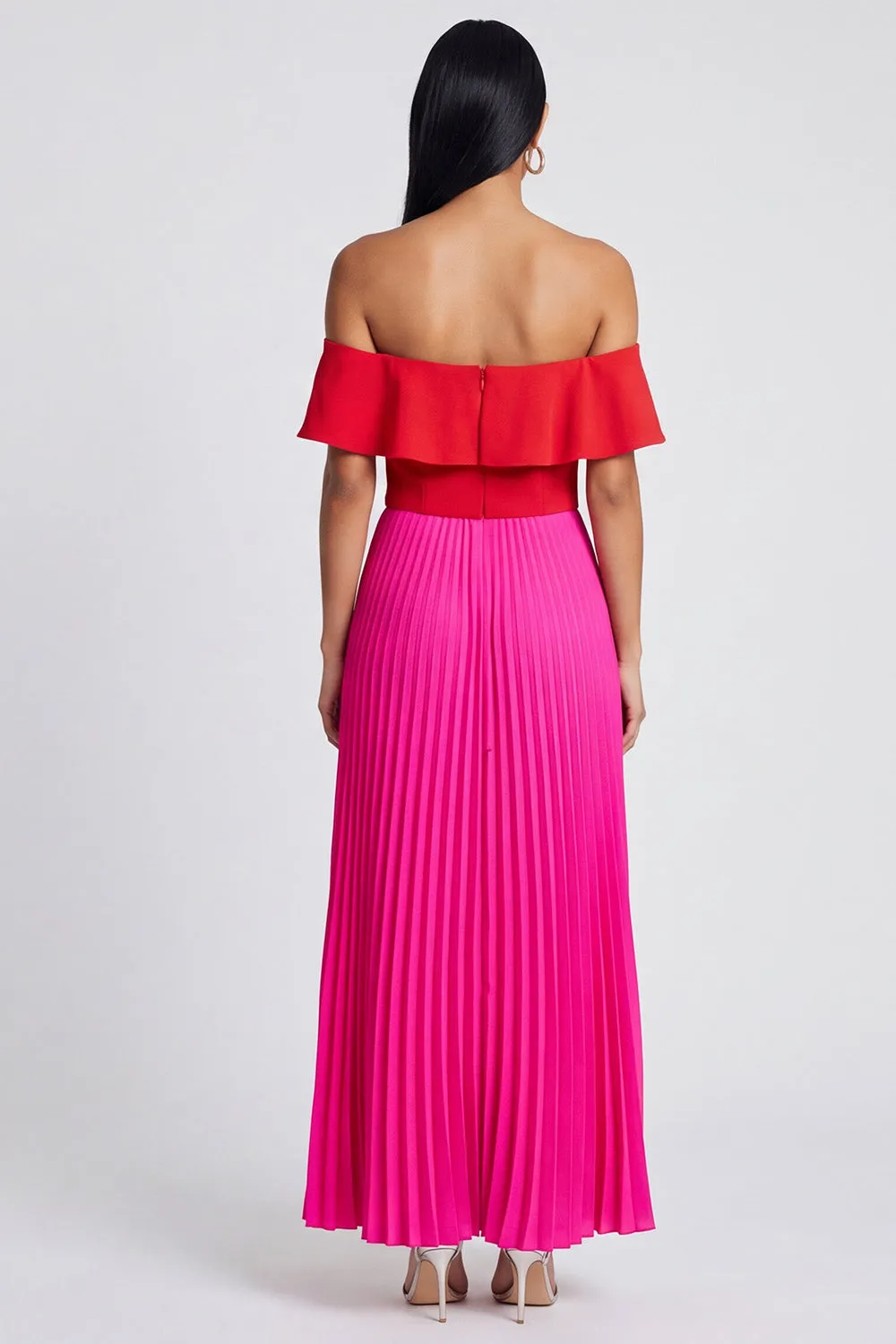 Off the Shoulder A-Line Fuchsia and Red Pleated Maxi Dress with Ruffles sold by Zapaka product image thumbnail 2
