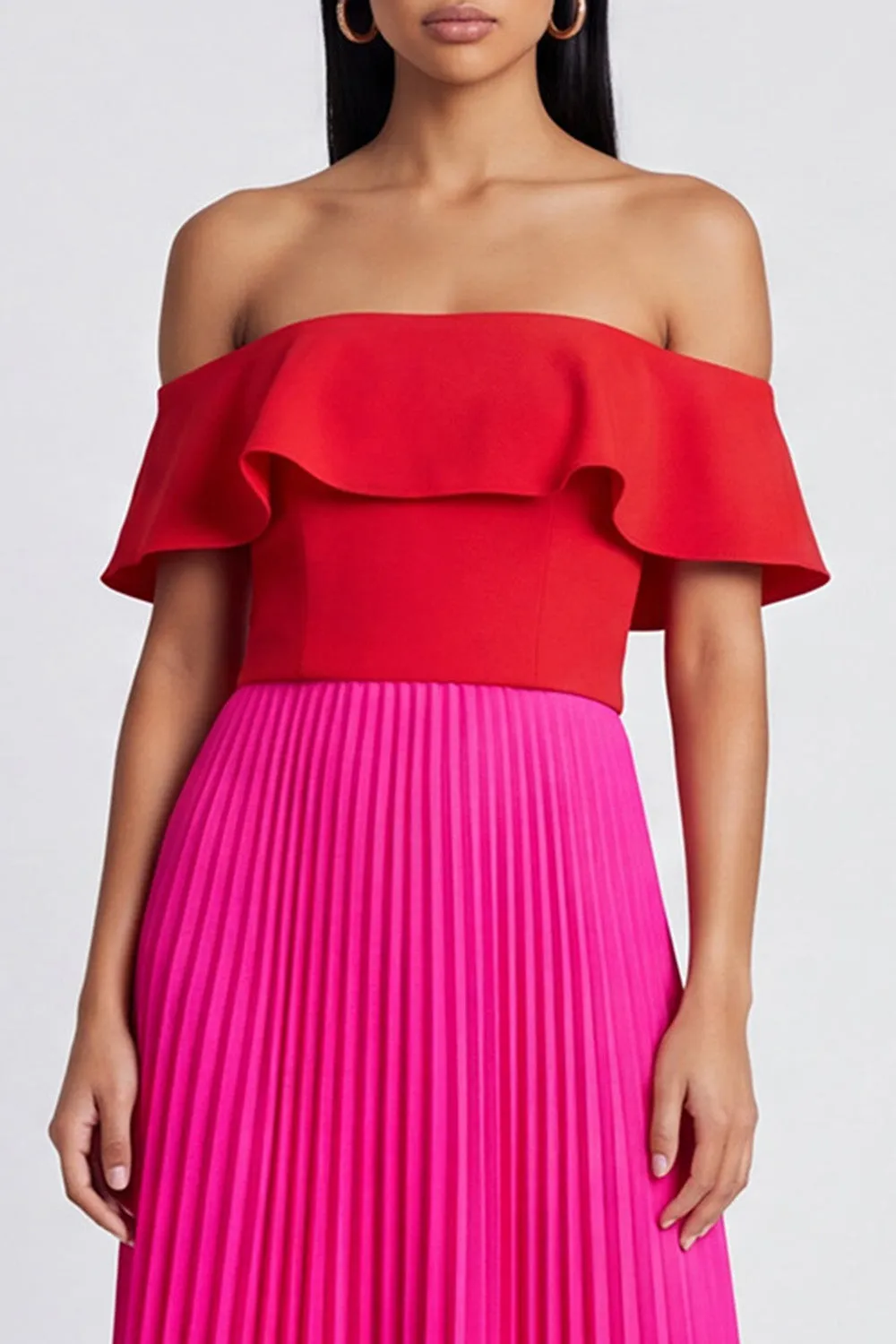Off the Shoulder A-Line Fuchsia and Red Pleated Maxi Dress with Ruffles sold by Zapaka product image thumbnail 3