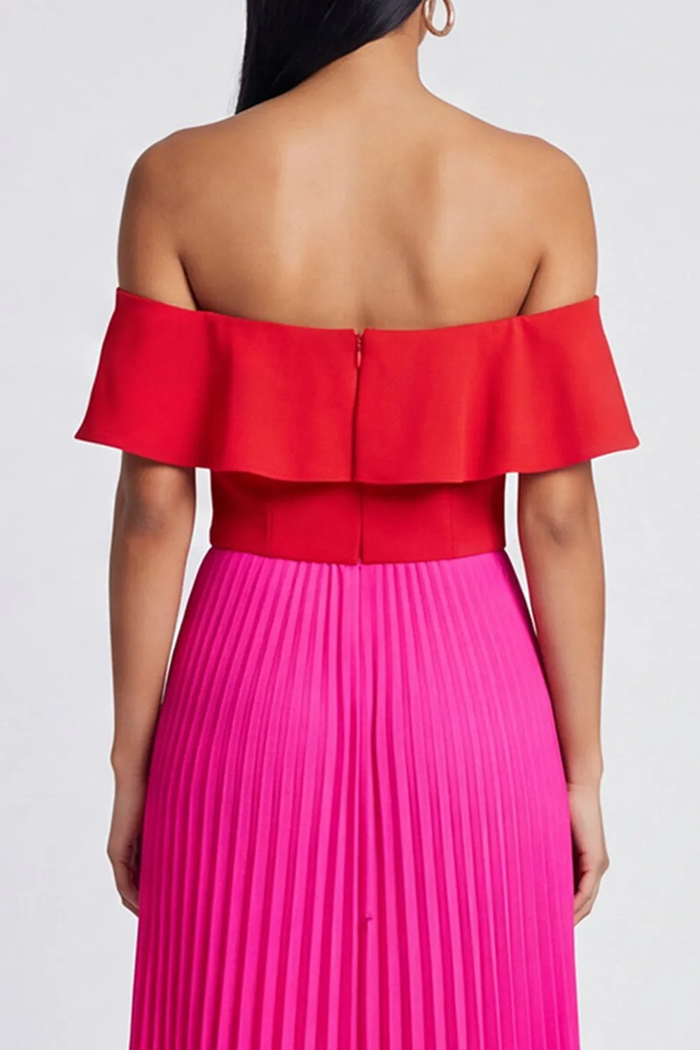 Off the Shoulder A-Line Fuchsia and Red Pleated Maxi Dress with Ruffles sold by Zapaka product image thumbnail 4