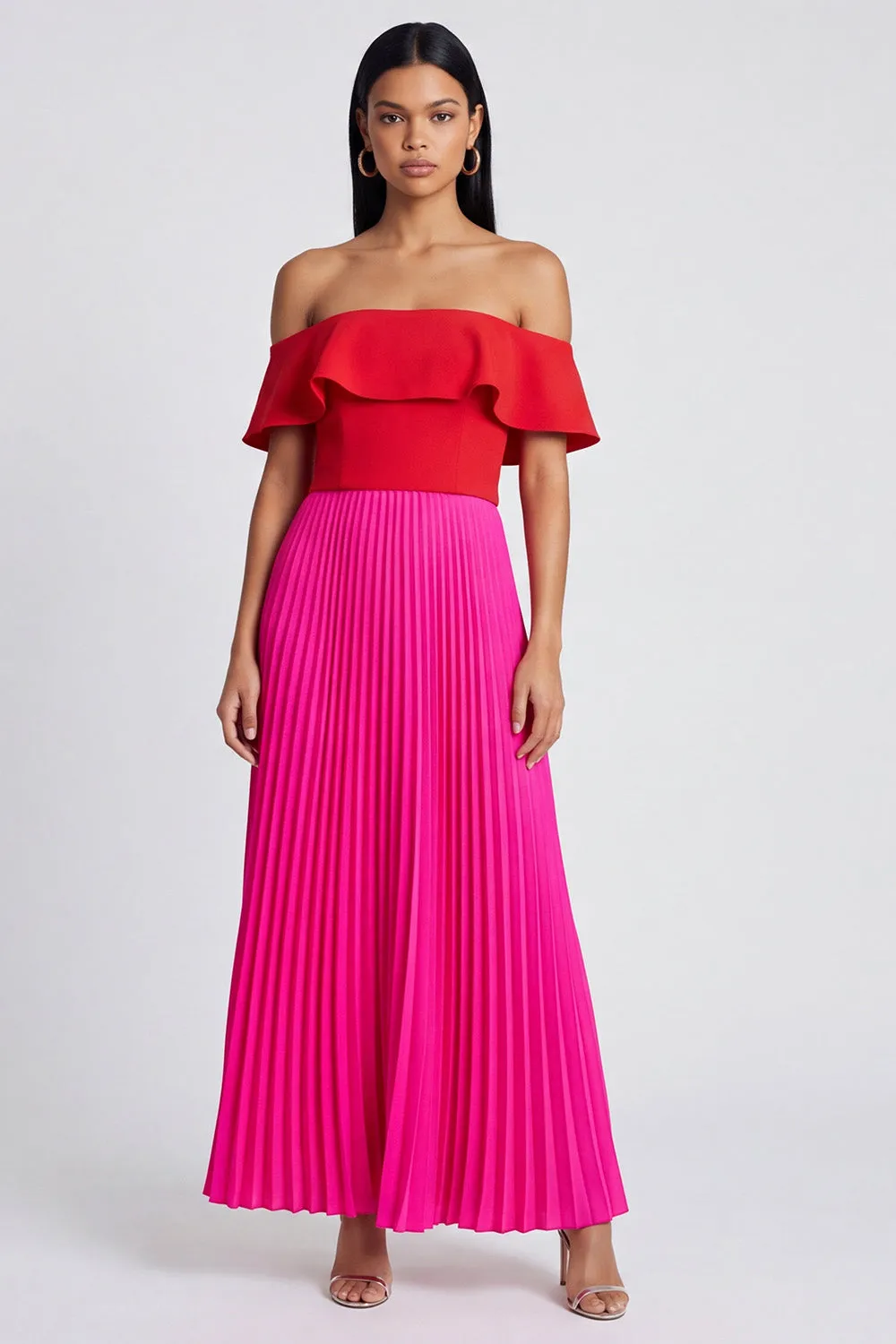 Off the Shoulder A-Line Fuchsia and Red Pleated Maxi Dress with Ruffles sold by Zapaka