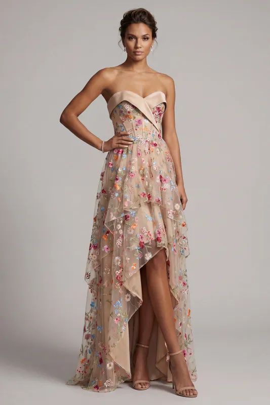 Sweetheart Champagne A-Line Corset Tulle High-Low Floral Mother Of the Bride Dress made by Zapaka