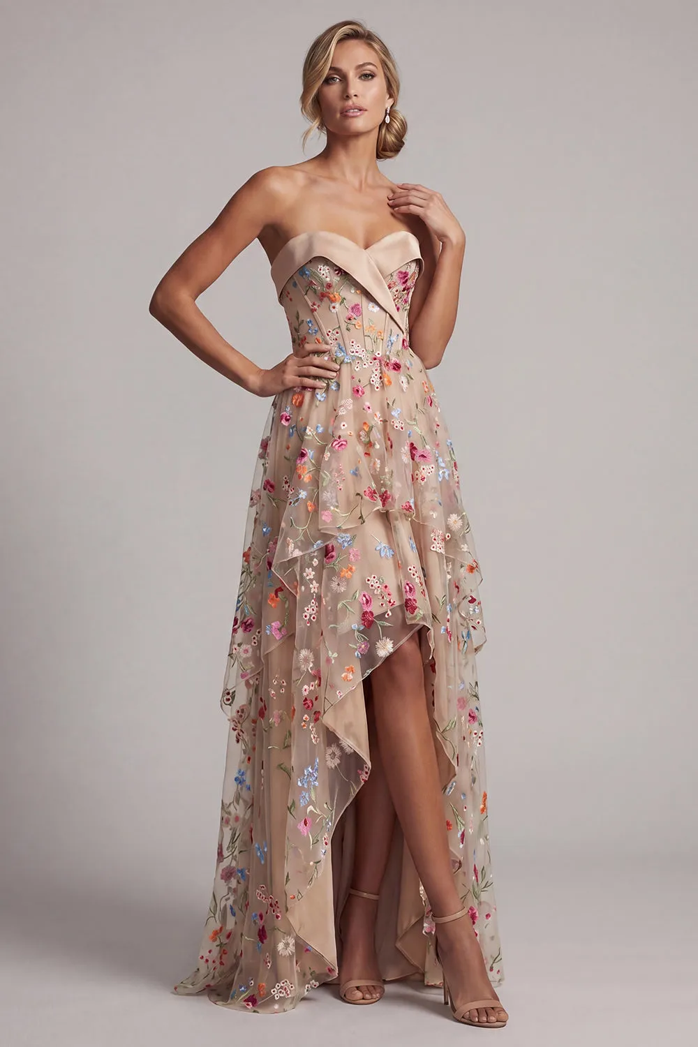 Sweetheart Champagne A-Line Corset Tulle High-Low Floral Mother Of the Bride Dress sold by Zapaka product image thumbnail 3