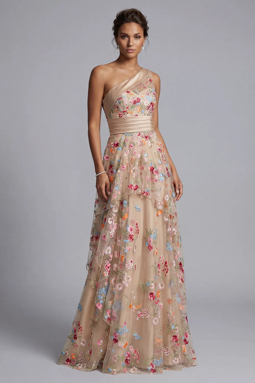One Shoulder Champagne A-Line Tulle Tiered Ruched Floral Mother Of the Bride Dress sold by Zapaka