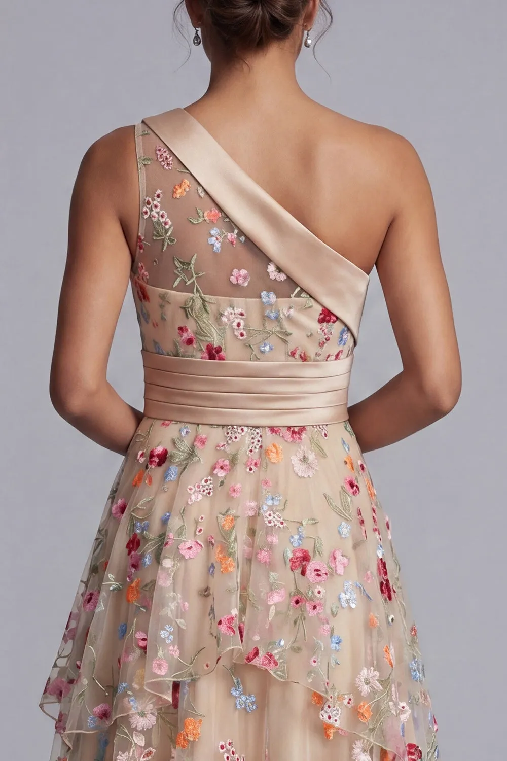 One Shoulder Champagne A-Line Tulle Tiered Ruched Floral Mother Of the Bride Dress sold by Zapaka product image thumbnail 5