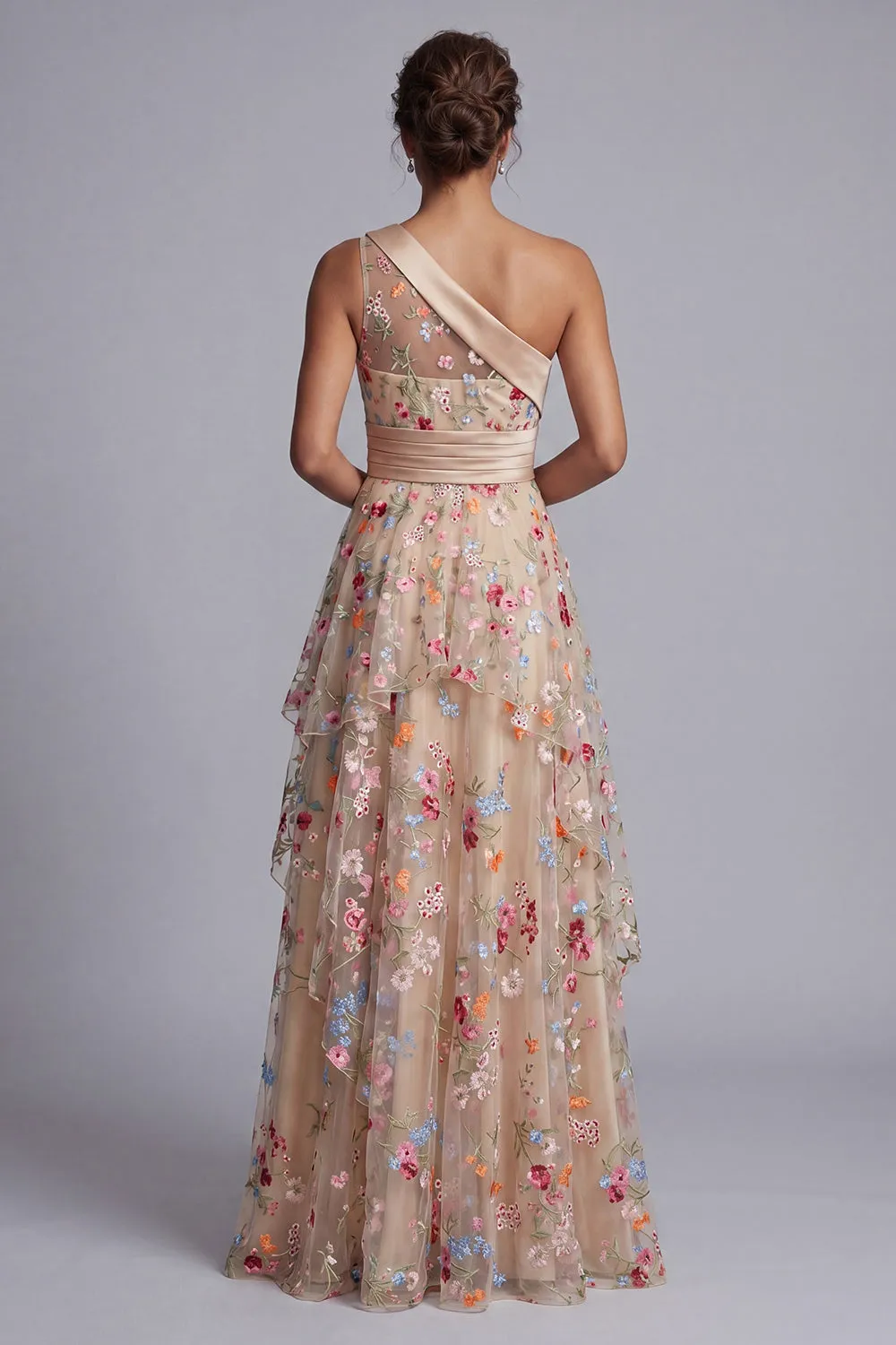 One Shoulder Champagne A-Line Tulle Tiered Ruched Floral Mother Of the Bride Dress sold by Zapaka product image thumbnail 2
