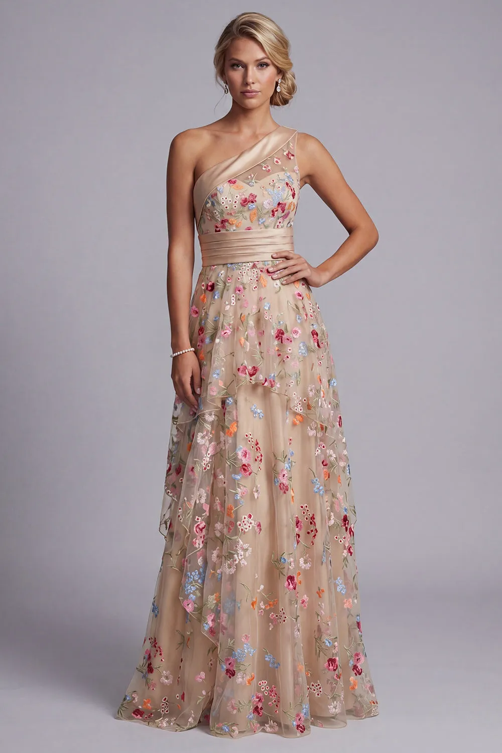 One Shoulder Champagne A-Line Tulle Tiered Ruched Floral Mother Of the Bride Dress sold by Zapaka product image thumbnail 3