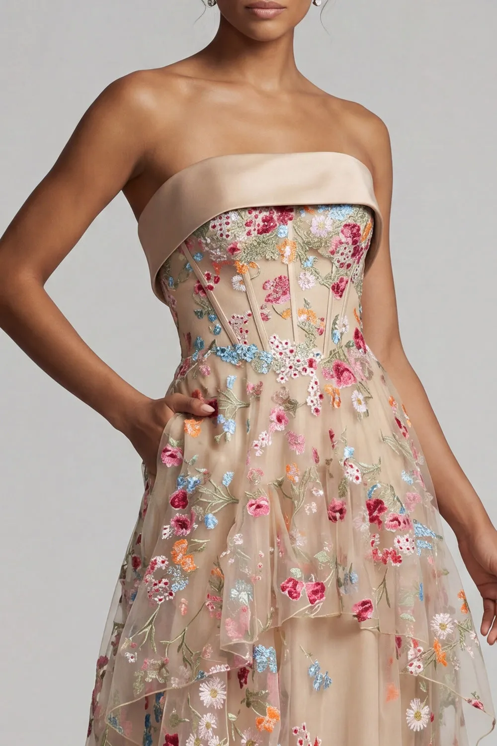 Off the Shoulder Champagne A-Line Tulle Corset Floral Mother Of the Bride Dress sold by Zapaka product image thumbnail 4