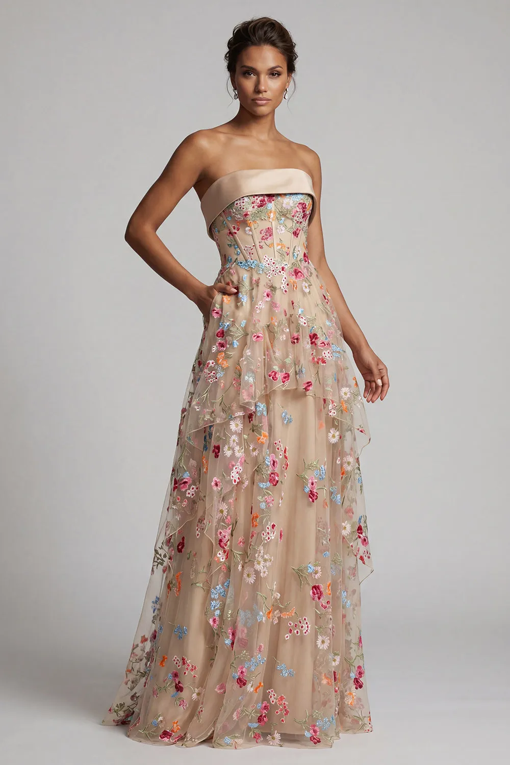 Off the Shoulder Champagne A-Line Tulle Corset Floral Mother Of the Bride Dress sold by Zapaka