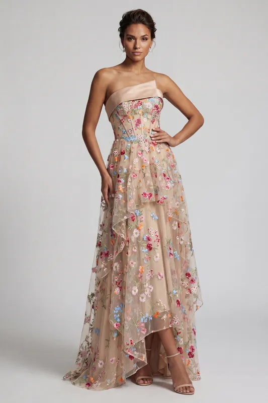 Off the Shoulder High-Low Champagne A-Line Tulle Floral Mother Of the Bride Dress made by Zapaka