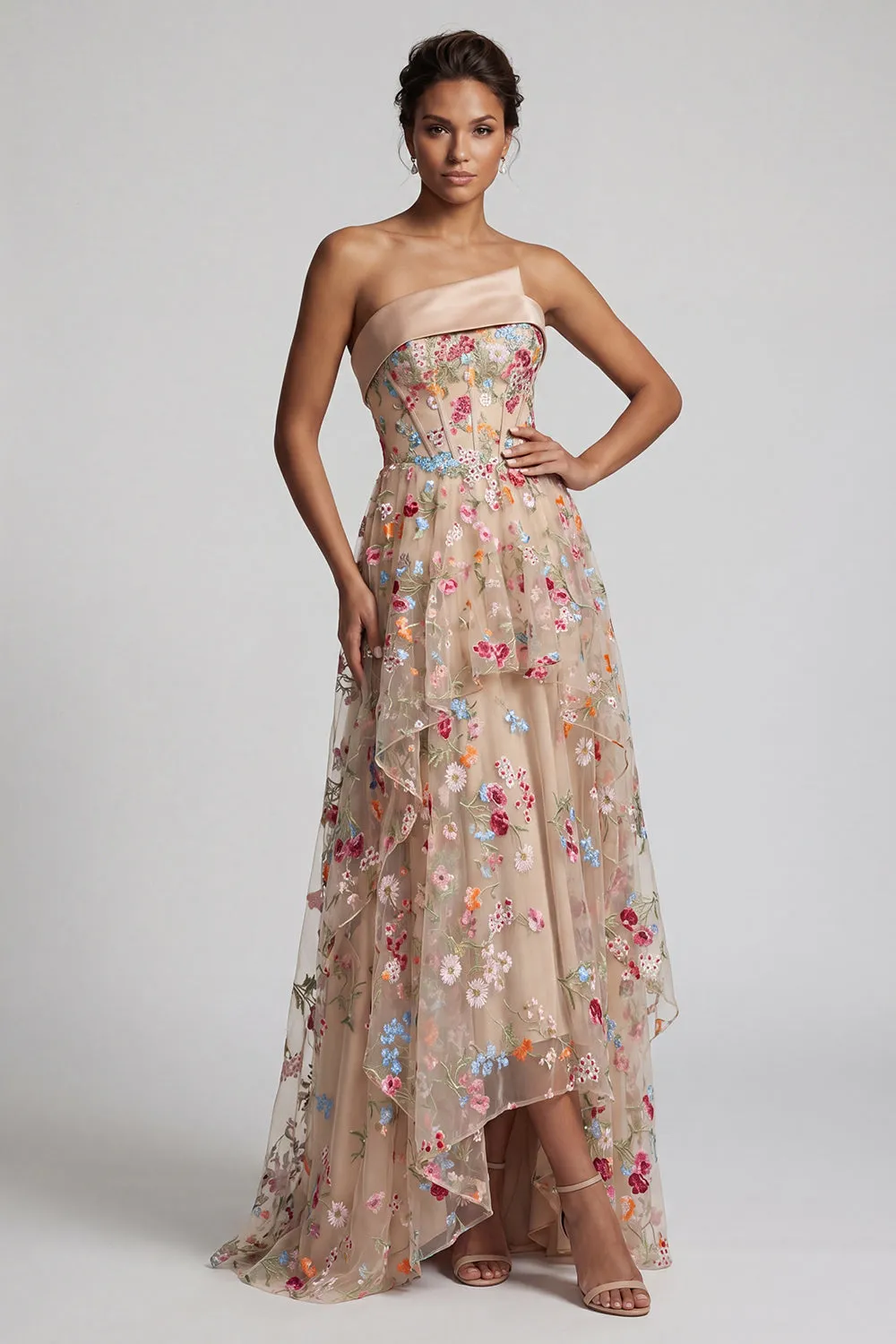 Off the Shoulder High-Low Champagne A-Line Tulle Floral Mother Of the Bride Dress sold by Zapaka