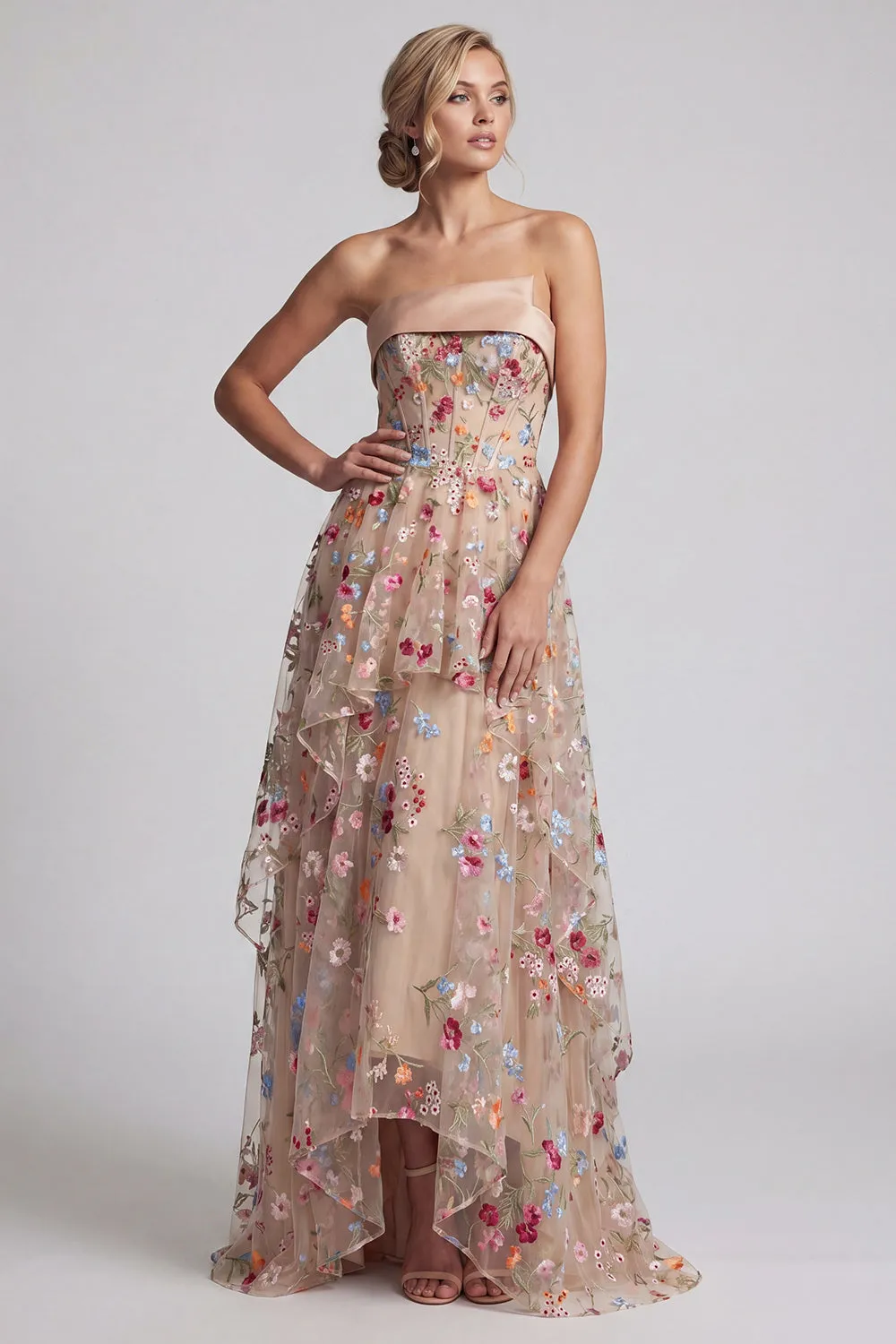 Off the Shoulder High-Low Champagne A-Line Tulle Floral Mother Of the Bride Dress sold by Zapaka product image thumbnail 3
