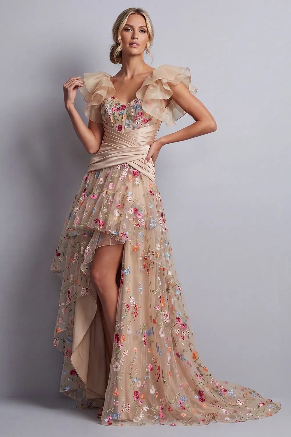 High-Low Champagne A-Line Tulle Corset Embroidered Floral Mother Of the Bride Dress sold by Zapaka product image thumbnail 3