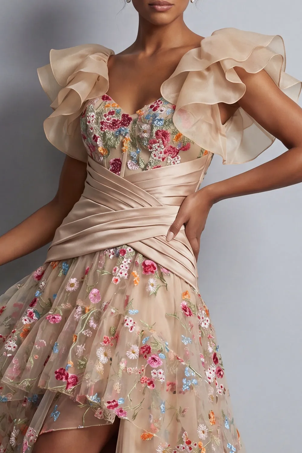 High-Low Champagne A-Line Tulle Corset Embroidered Floral Mother Of the Bride Dress sold by Zapaka product image thumbnail 4