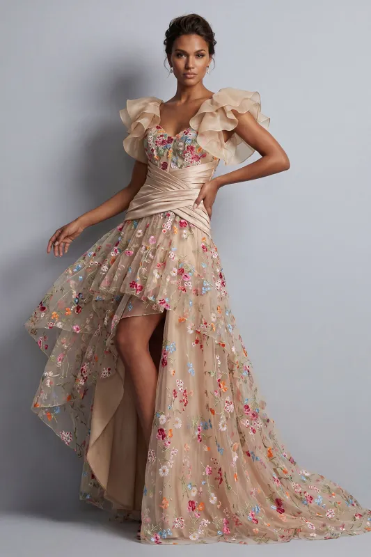 High-Low Champagne A-Line Tulle Corset Embroidered Floral Mother Of the Bride Dress made by Zapaka