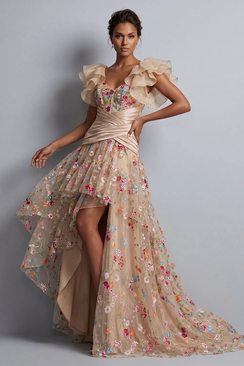 High-Low Champagne A-Line Tulle Corset Embroidered Floral Mother Of the Bride Dress sold by Zapaka
