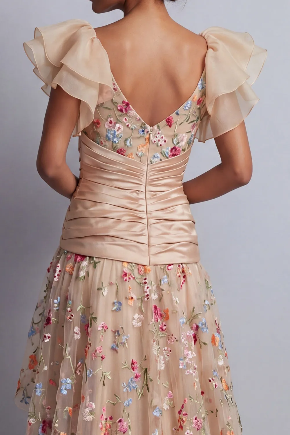 High-Low Champagne A-Line Tulle Corset Embroidered Floral Mother Of the Bride Dress sold by Zapaka product image thumbnail 5