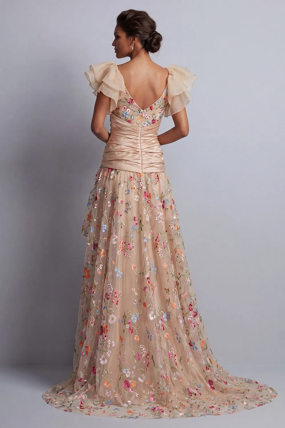 High-Low Champagne A-Line Tulle Corset Embroidered Floral Mother Of the Bride Dress sold by Zapaka product image thumbnail 2