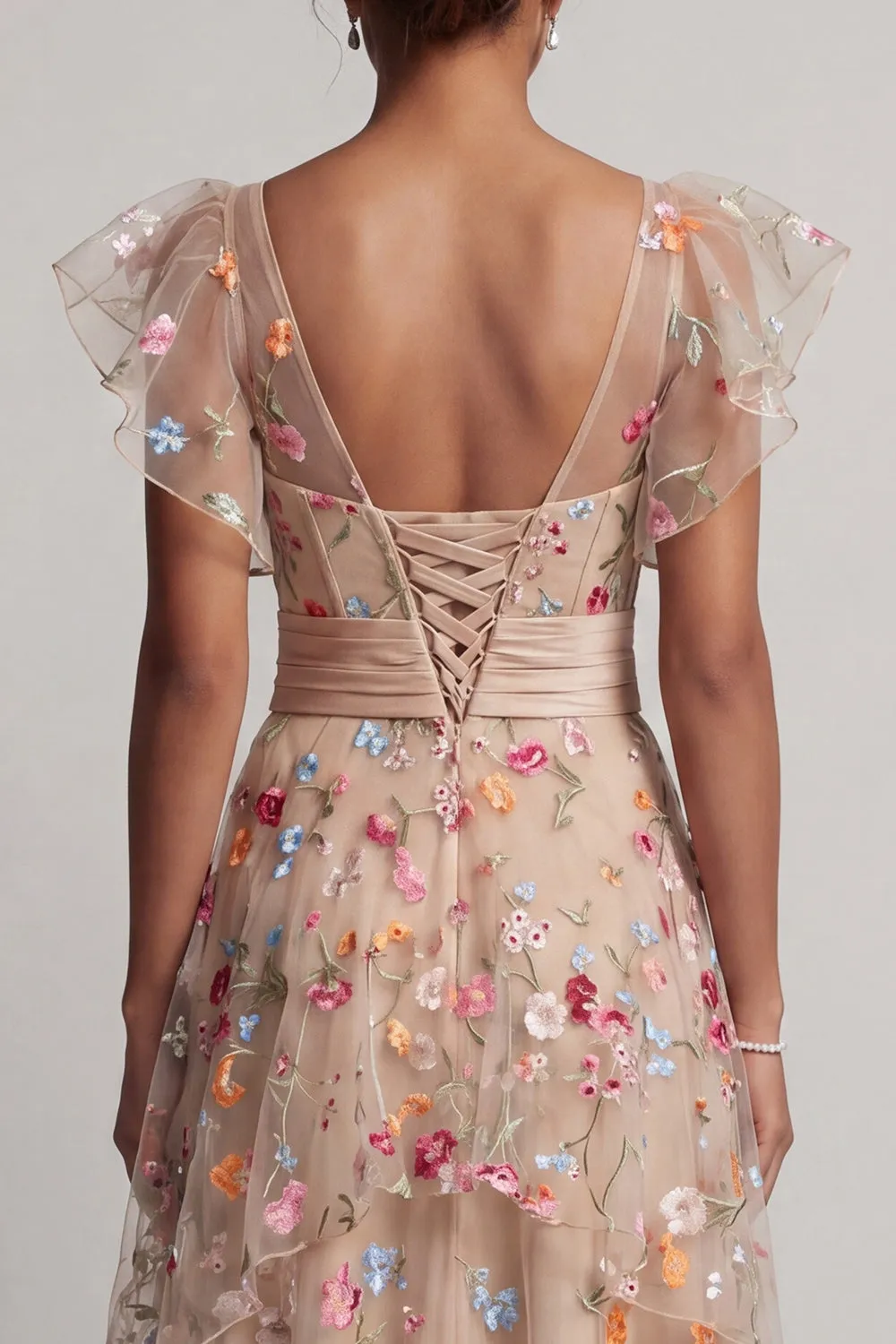 Champagne A-Line Tulle Corset Embroidered Floral High-Low Mother Of the Bride Dress sold by Zapaka product image thumbnail 5