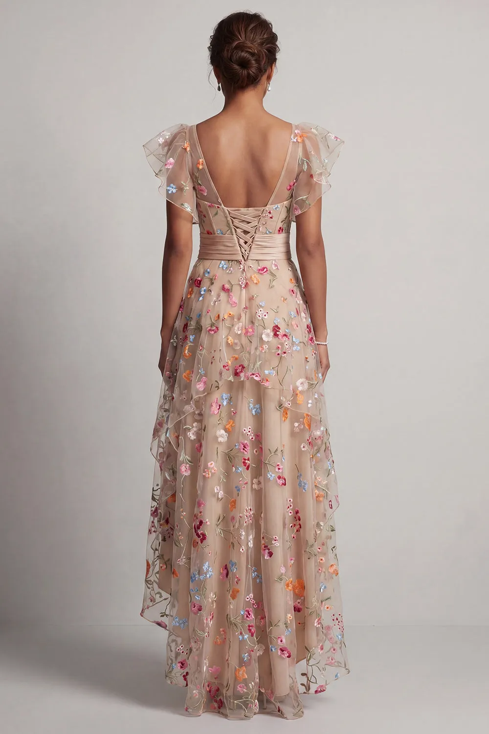 Champagne A-Line Tulle Corset Embroidered Floral High-Low Mother Of the Bride Dress sold by Zapaka product image thumbnail 2