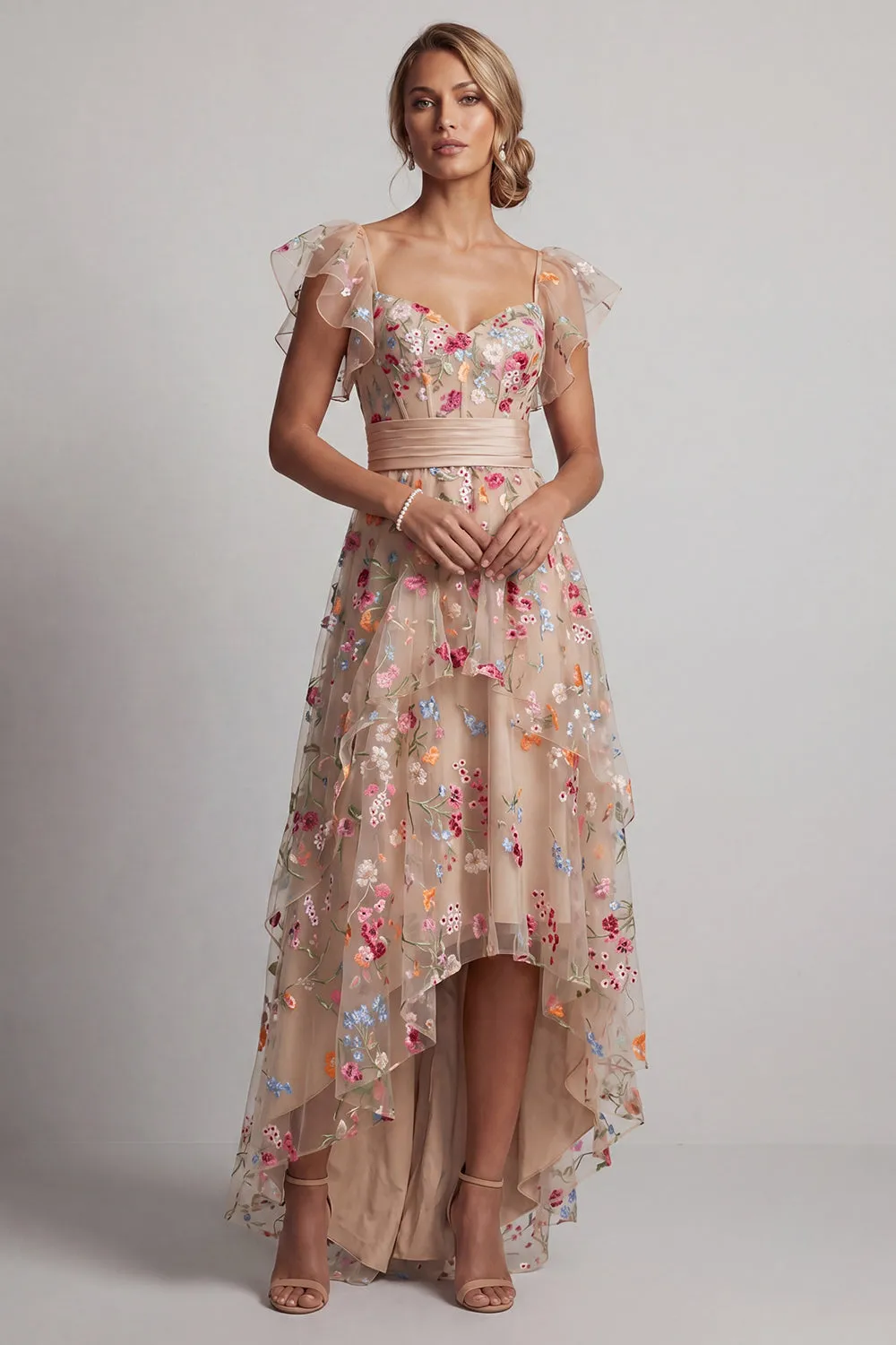 Champagne A-Line Tulle Corset Embroidered Floral High-Low Mother Of the Bride Dress sold by Zapaka product image thumbnail 3