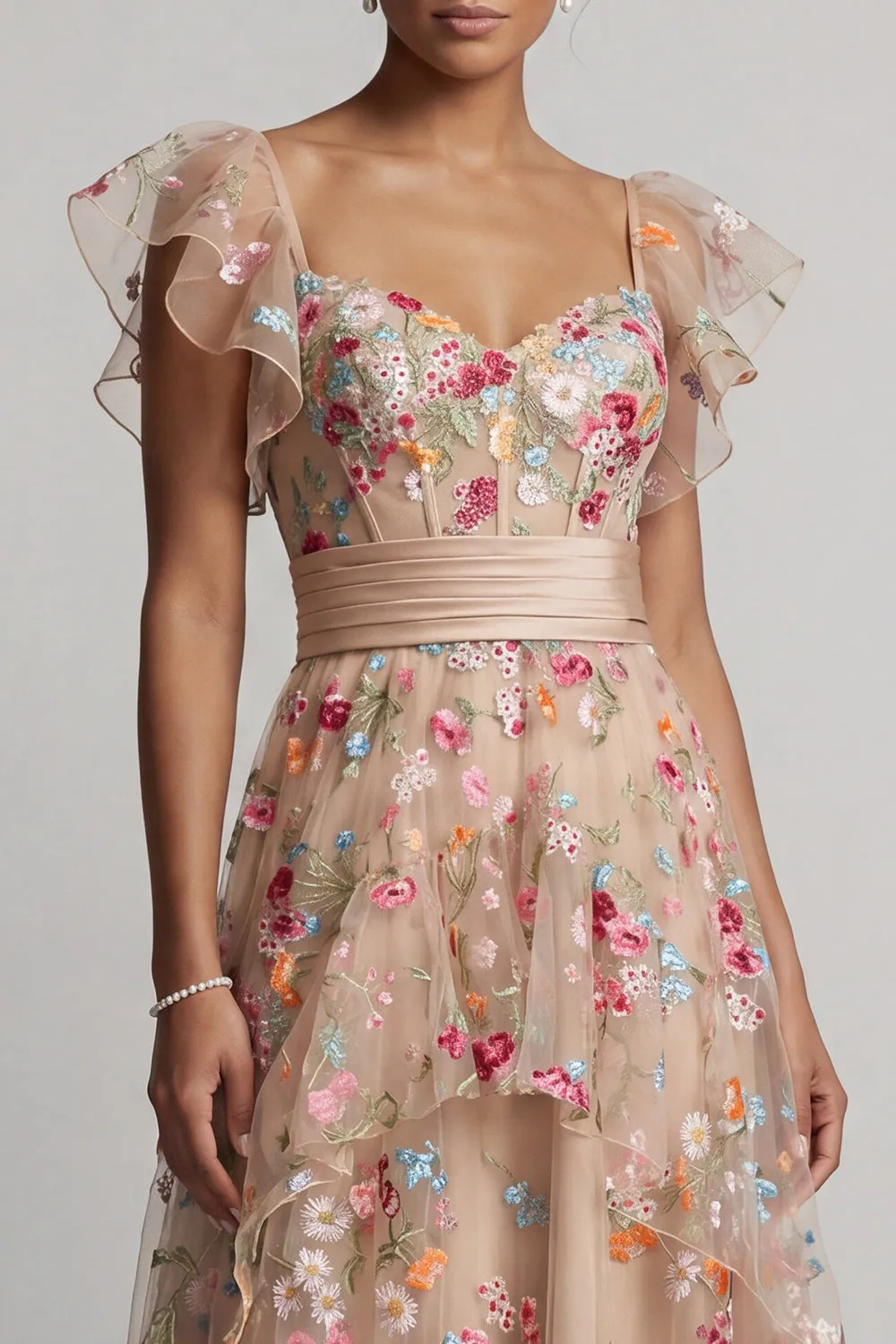 Champagne A-Line Tulle Corset Embroidered Floral High-Low Mother Of the Bride Dress sold by Zapaka product image thumbnail 4