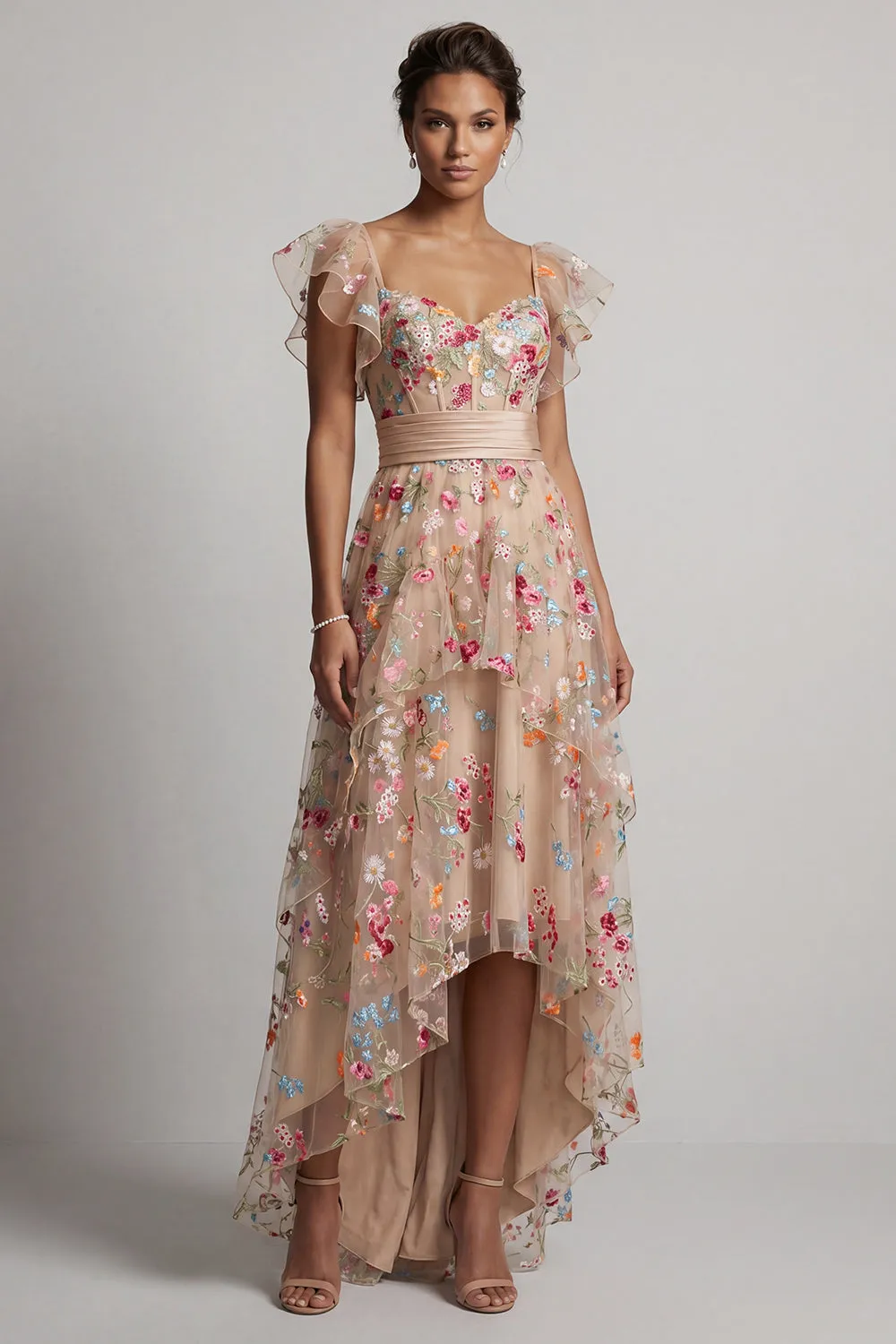 Champagne A-Line Tulle Corset Embroidered Floral High-Low Mother Of the Bride Dress sold by Zapaka