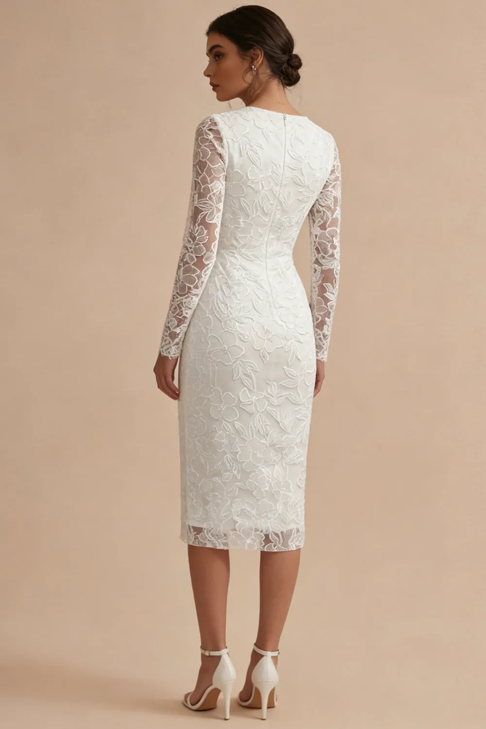 Lace Long Sleeves Floral Midi Bodycon White Boho Engagement Dress sold by Zapaka product image thumbnail 2