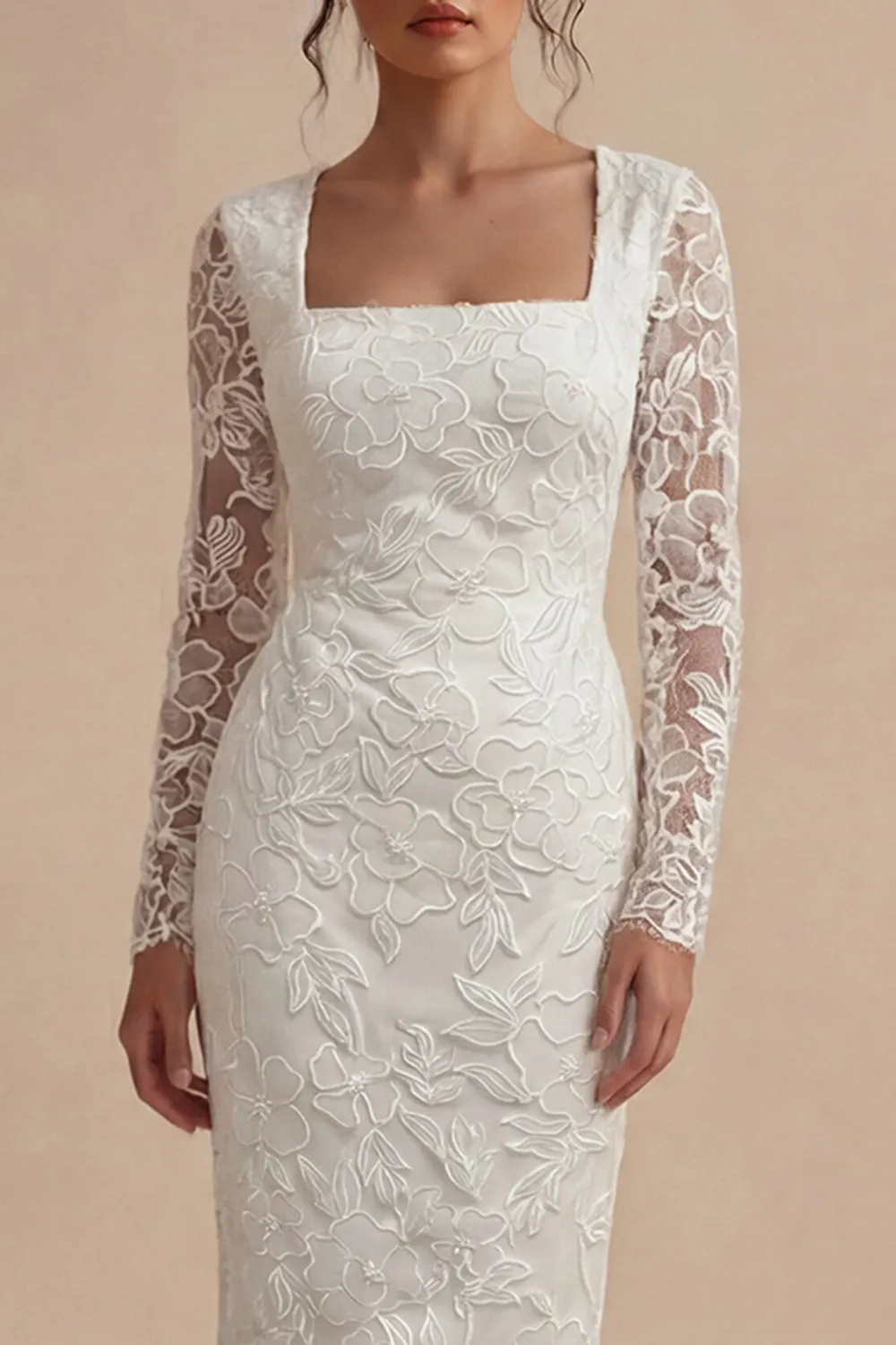 Lace Long Sleeves Floral Midi Bodycon White Boho Engagement Dress sold by Zapaka product image thumbnail 3