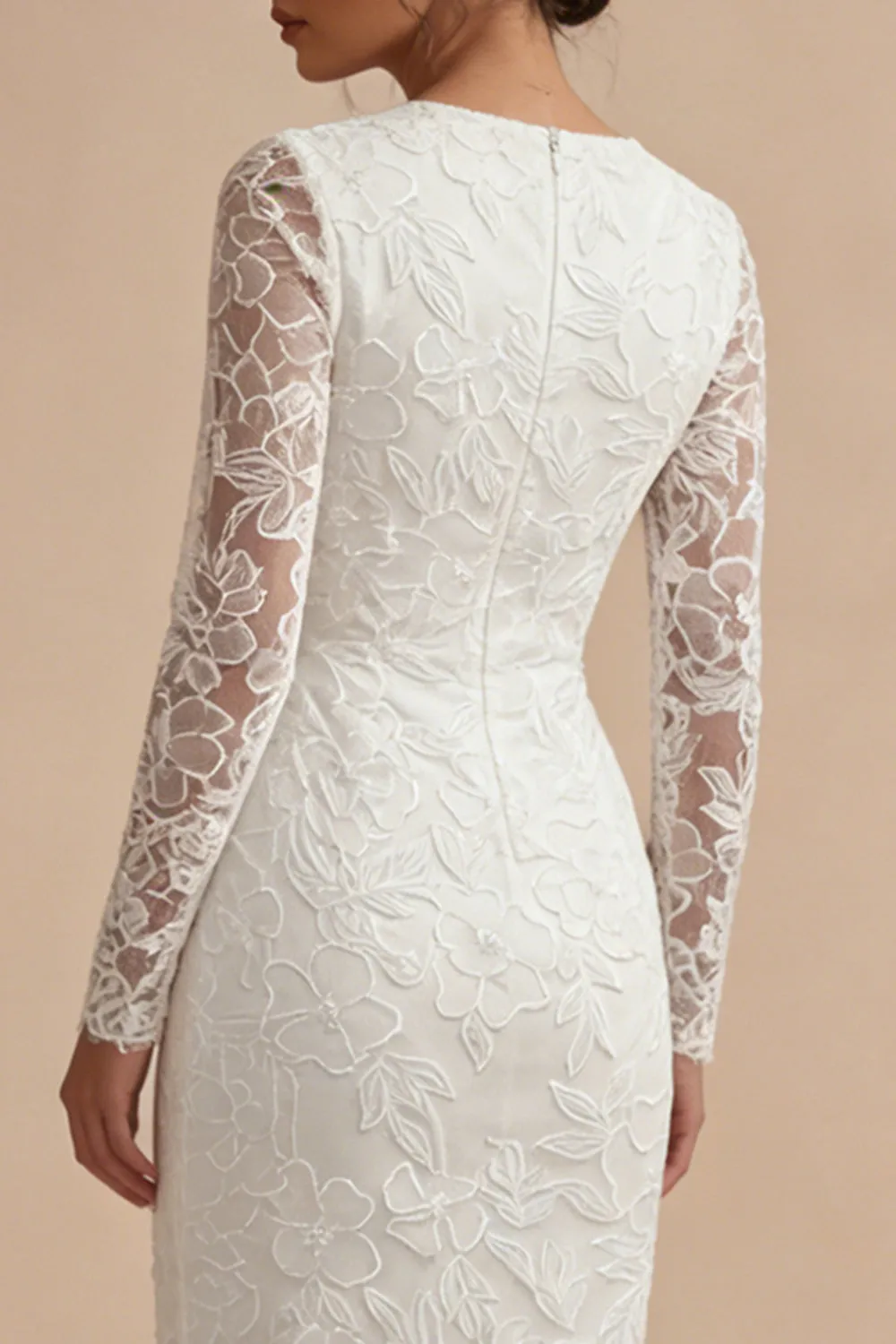 Lace Long Sleeves Floral Midi Bodycon White Boho Engagement Dress sold by Zapaka product image thumbnail 4
