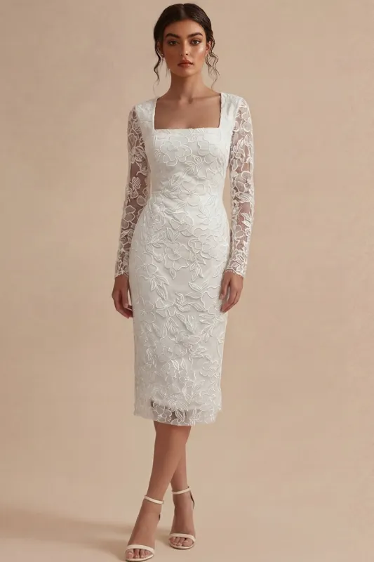 Lace Long Sleeves Floral Midi Bodycon White Boho Engagement Dress made by Zapaka