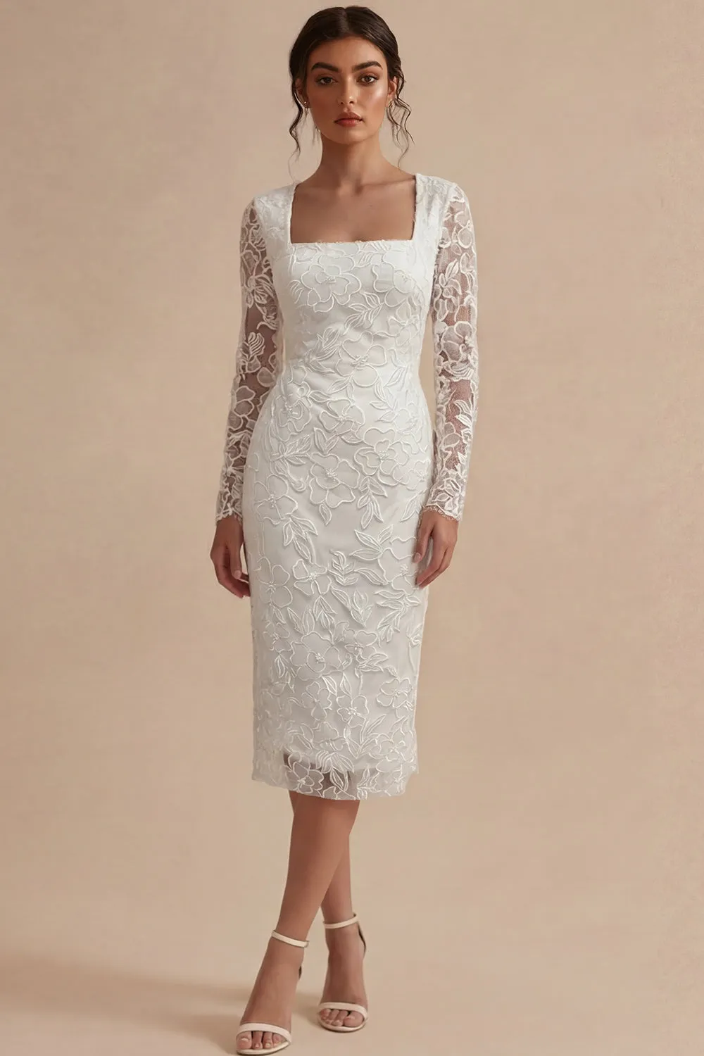 Lace Long Sleeves Floral Midi Bodycon White Boho Engagement Dress sold by Zapaka