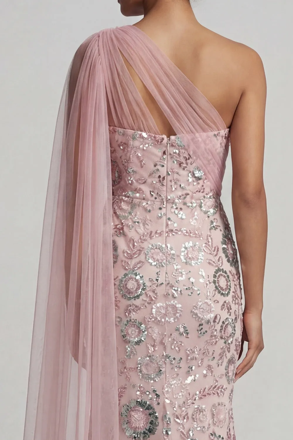 Mermaid Beaded Sparkly Pink Long Mother of the Bride Dress with Side Cape sold by Zapaka product image thumbnail 5