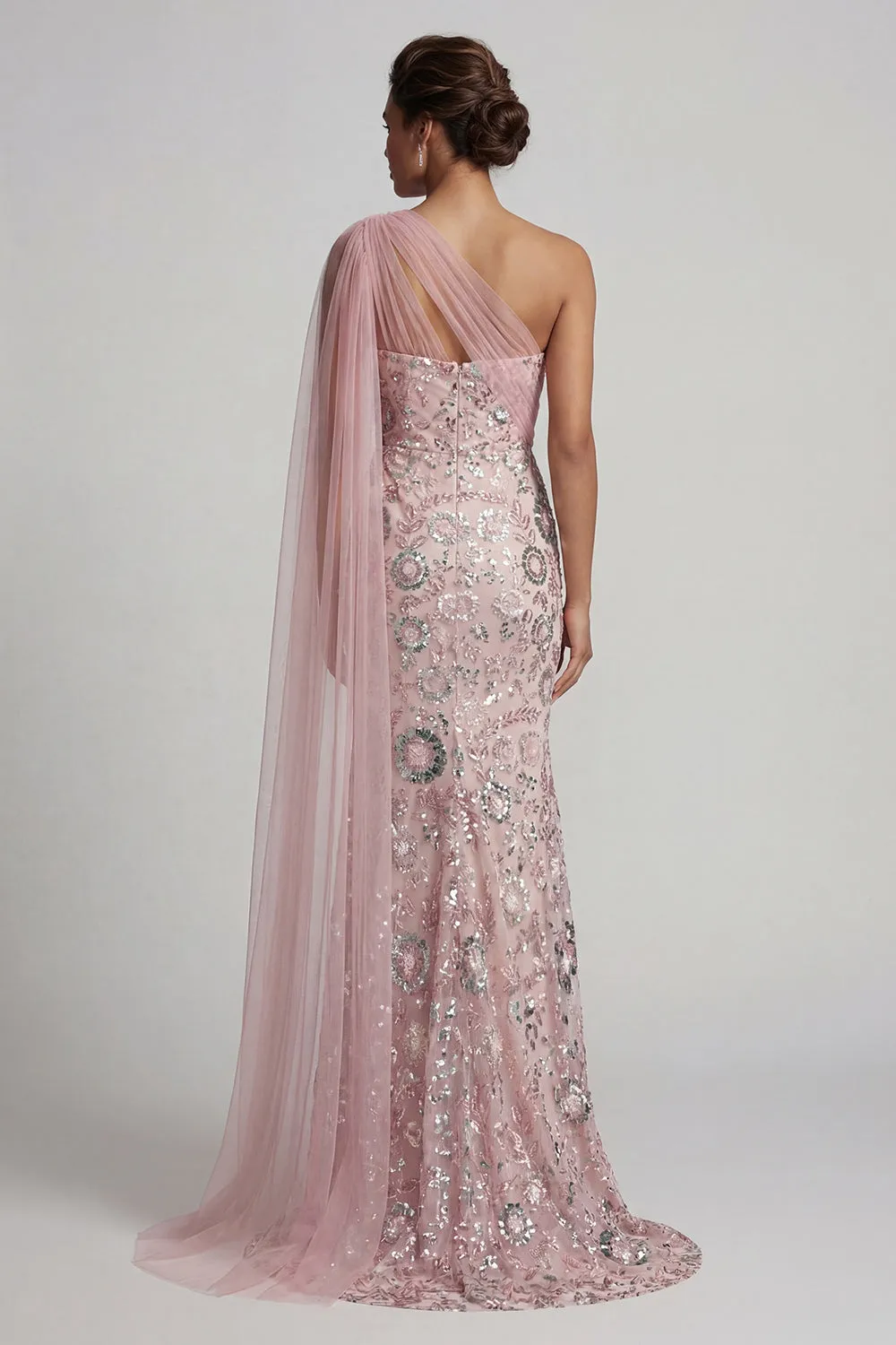 Mermaid Beaded Sparkly Pink Long Mother of the Bride Dress with Side Cape sold by Zapaka product image thumbnail 2