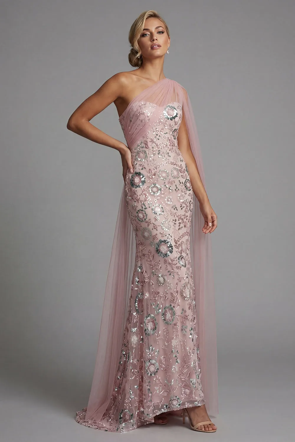 Mermaid Beaded Sparkly Pink Long Mother of the Bride Dress with Side Cape sold by Zapaka product image thumbnail 3